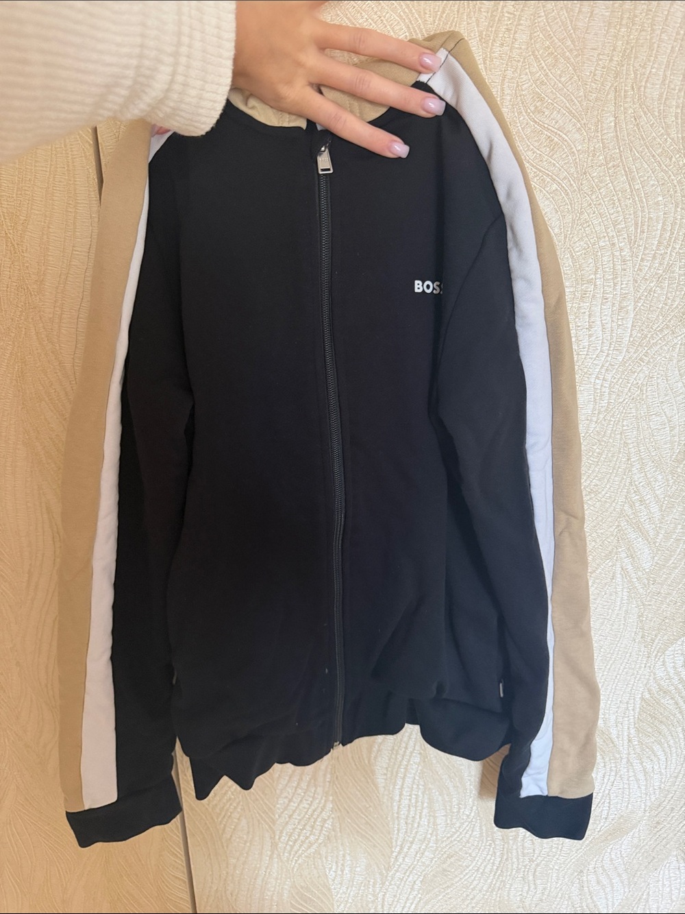 BOSS Black Zip-Up Sweater with Tan and White Sleeve Stripes